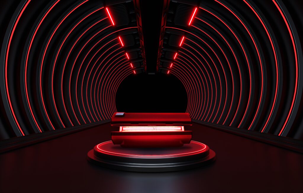 Futuristic tunnel with glowing red lights.