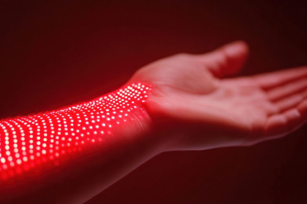 Glowing red light pattern on a hand