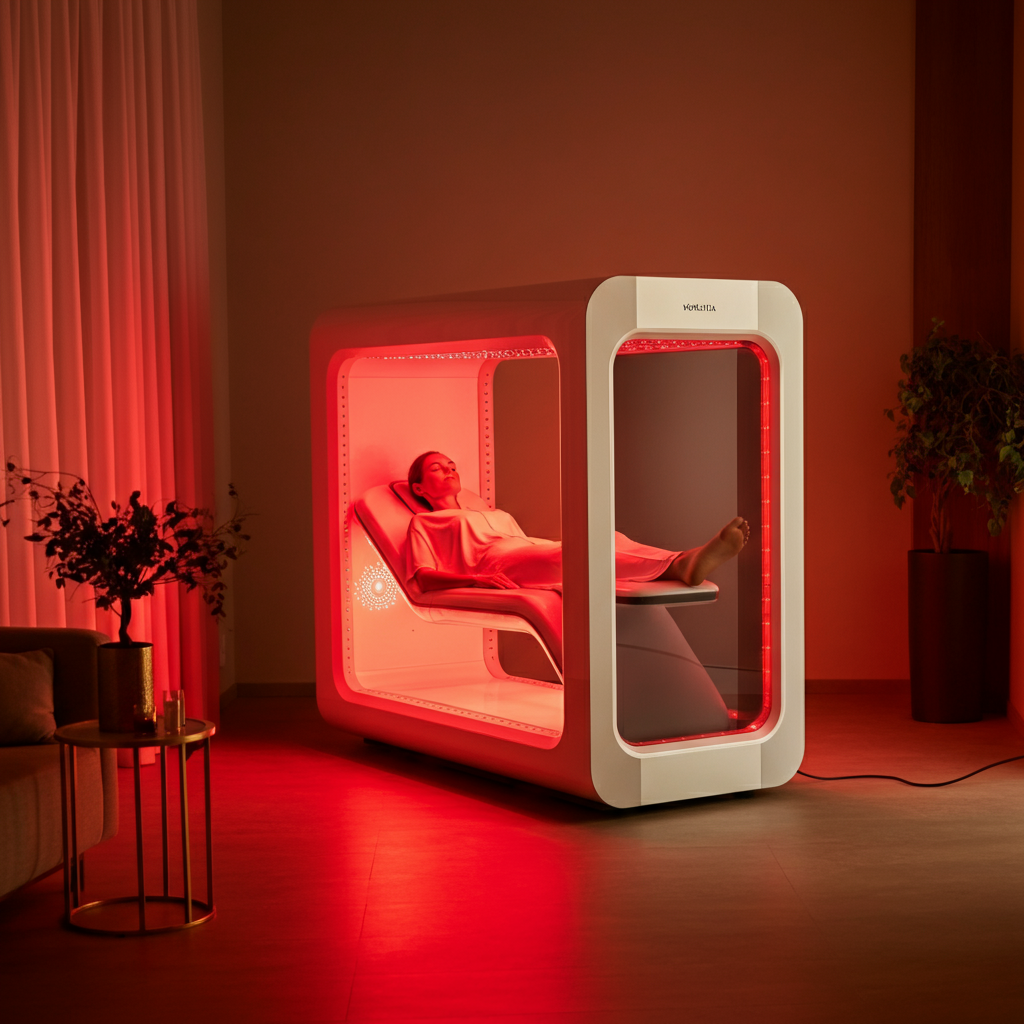 Person relaxing in a illuminated wellness pod.