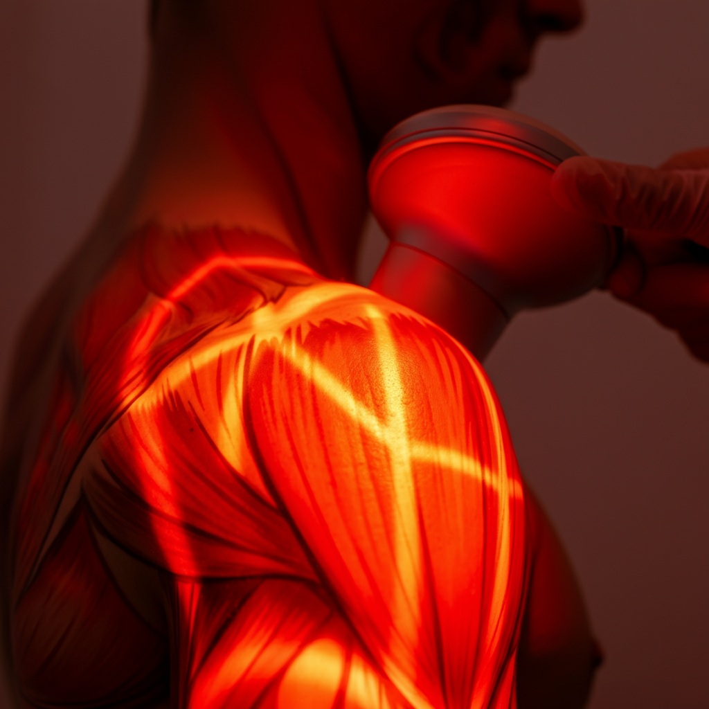 Close-up of a muscular shoulder under red light.