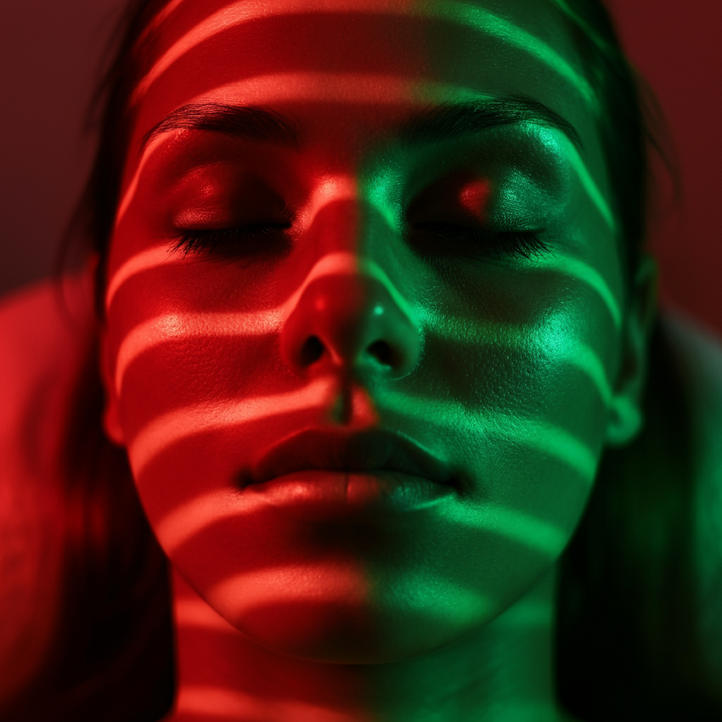 Close-up of a face with colorful light stripes.