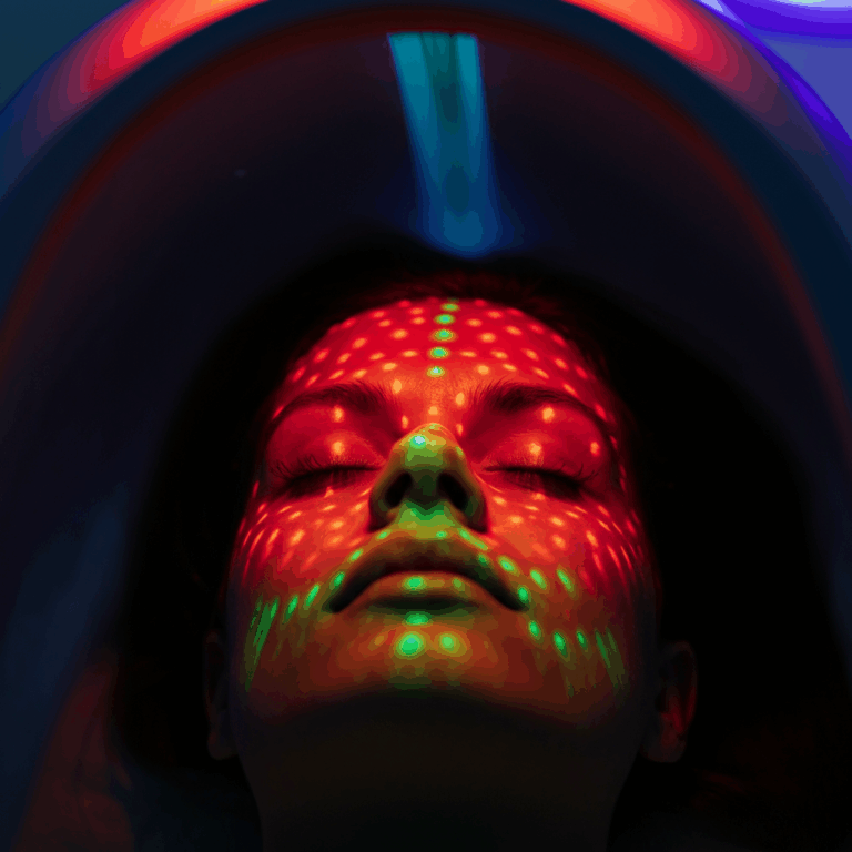 Woman relaxing under colorful light therapy.