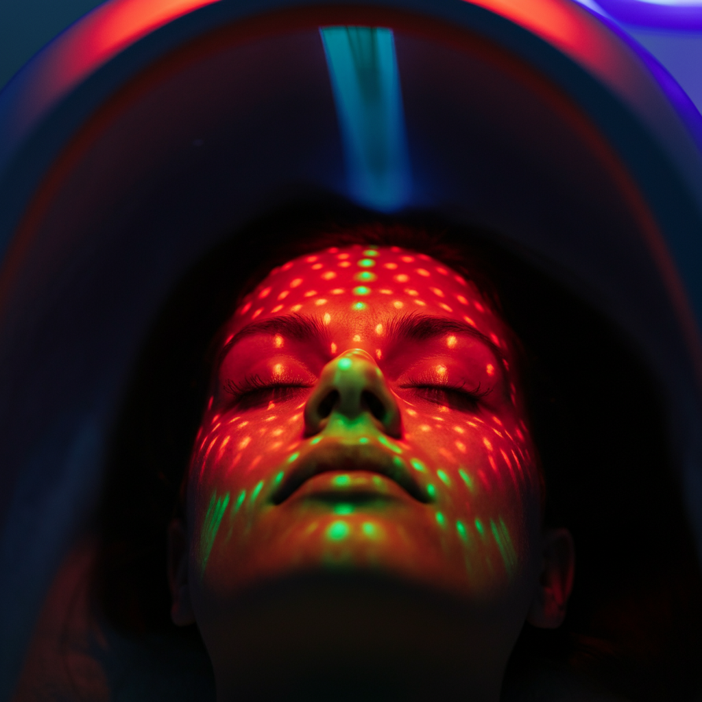 Woman relaxing under colorful light therapy.