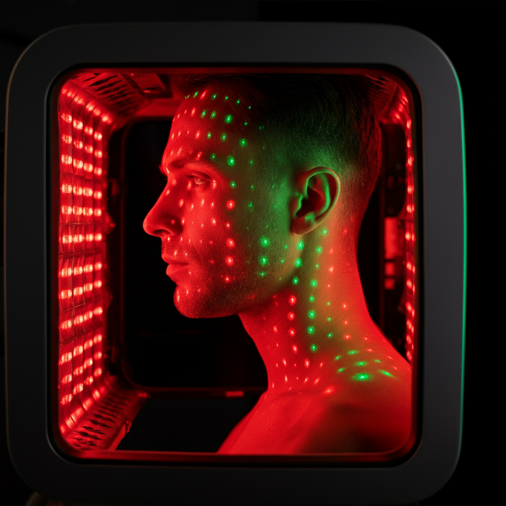 Man in a box with red and green light patterns.