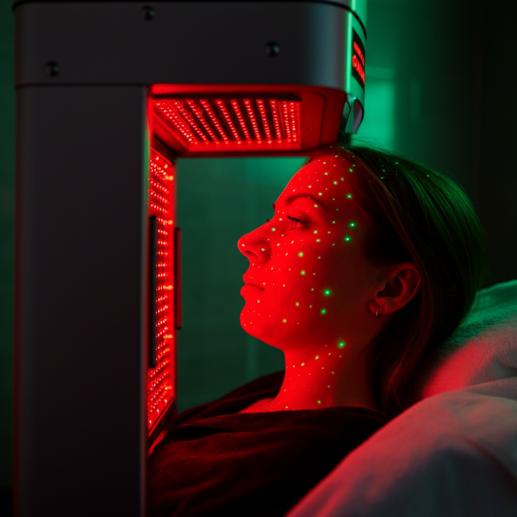 Woman receiving red light therapy treatment