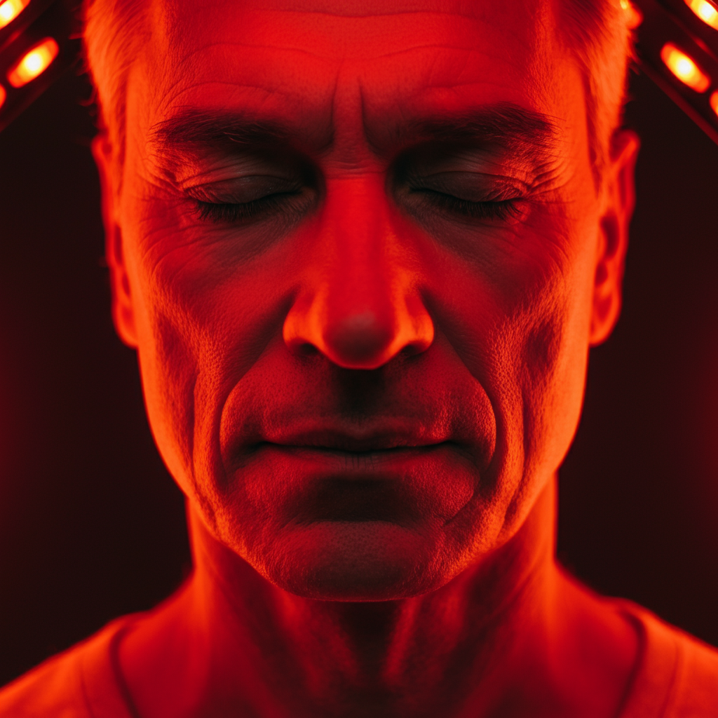 Close-up of a man with closed eyes, red lighting.