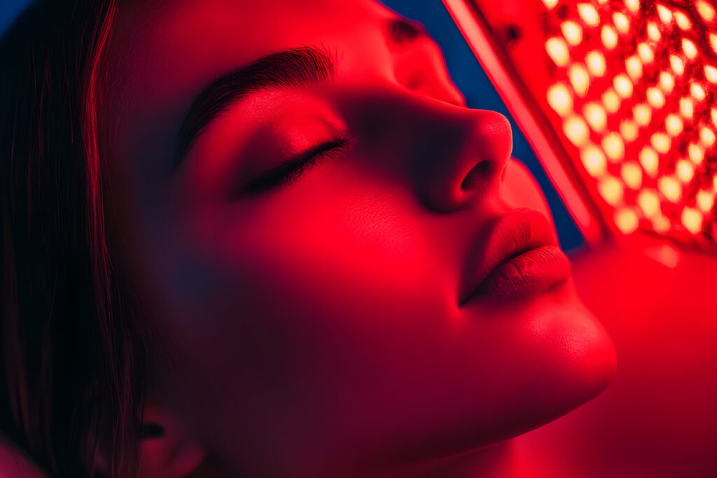 Close-up of a woman's face in red light